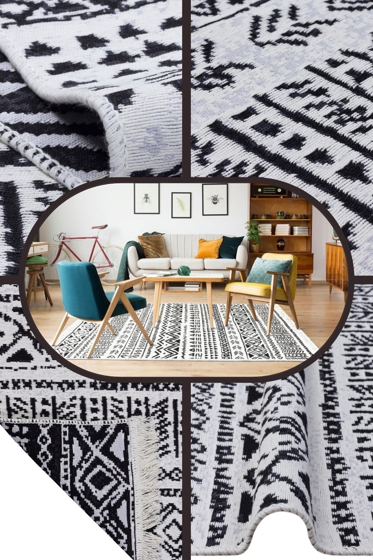 Yıkanabilir Çift Taraflı Kilim İskandinav Desenli Pamuk Kilim Eko Halı Modern Yolluk Koridor Kilimi