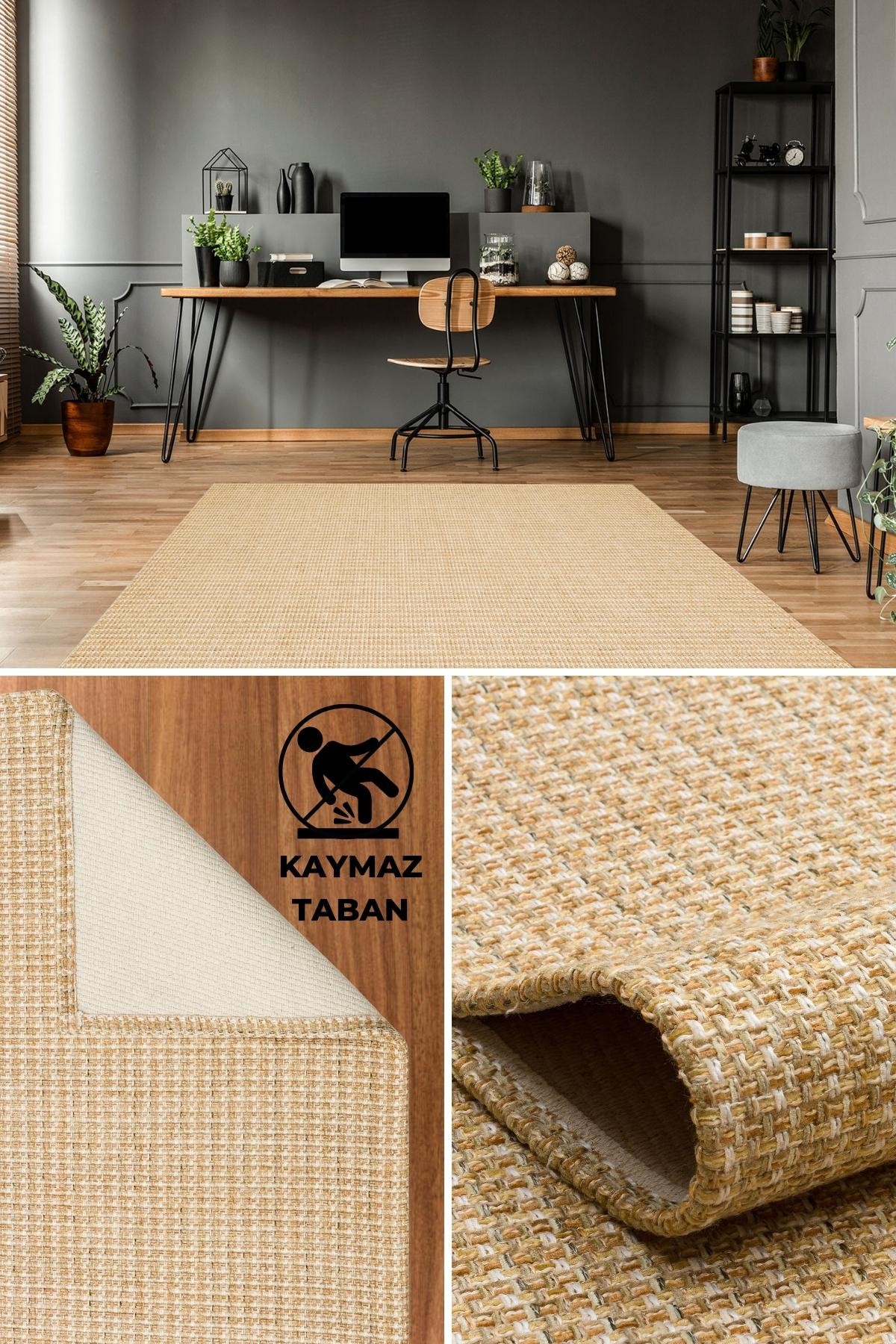 Dekoratif Kaymaz Taban Kilim Robot Süpürgeye Uygun Jüt Hasır görünümlü Modern Dokuma Kilim Eko Halı - Natural Beige