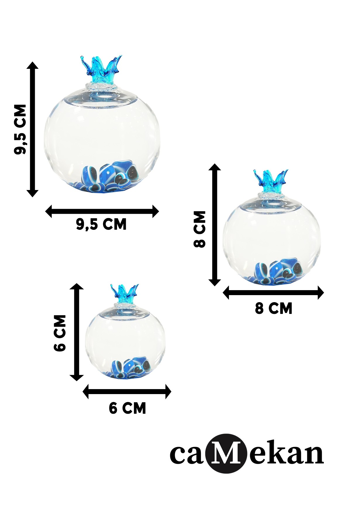 Nazar Boncuğu Cam Nar Seti (3’lü Set) Dekoratif Obje Biblo Sehpa Süsü Hediyelik Obje Ev Dekorasyon - Mavi 3'lü Set