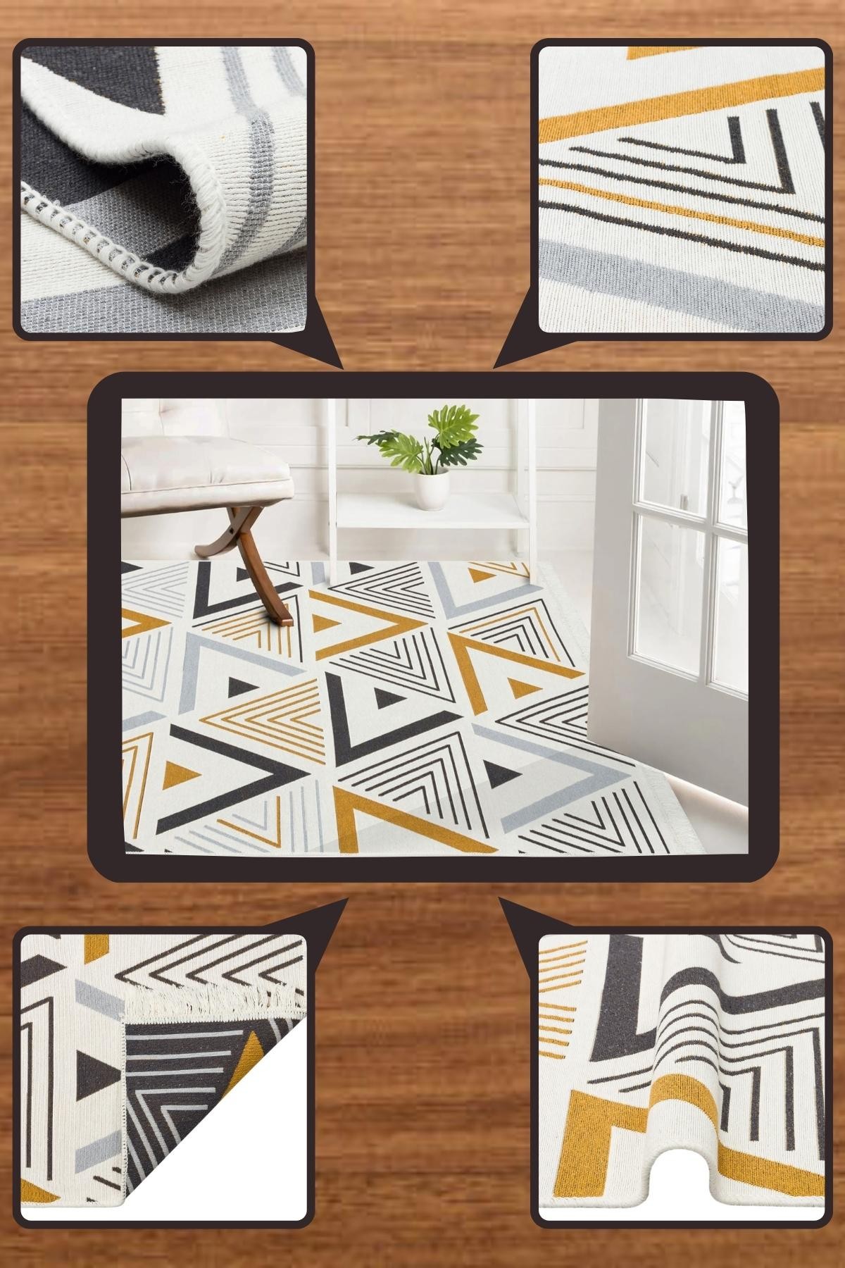 Yıkanabilir Çift Taraflı Kilim İskandinav Desen Pamuk Kilim Eko Halı Modern Yolluk Koridor kilimi - Yellow Grey