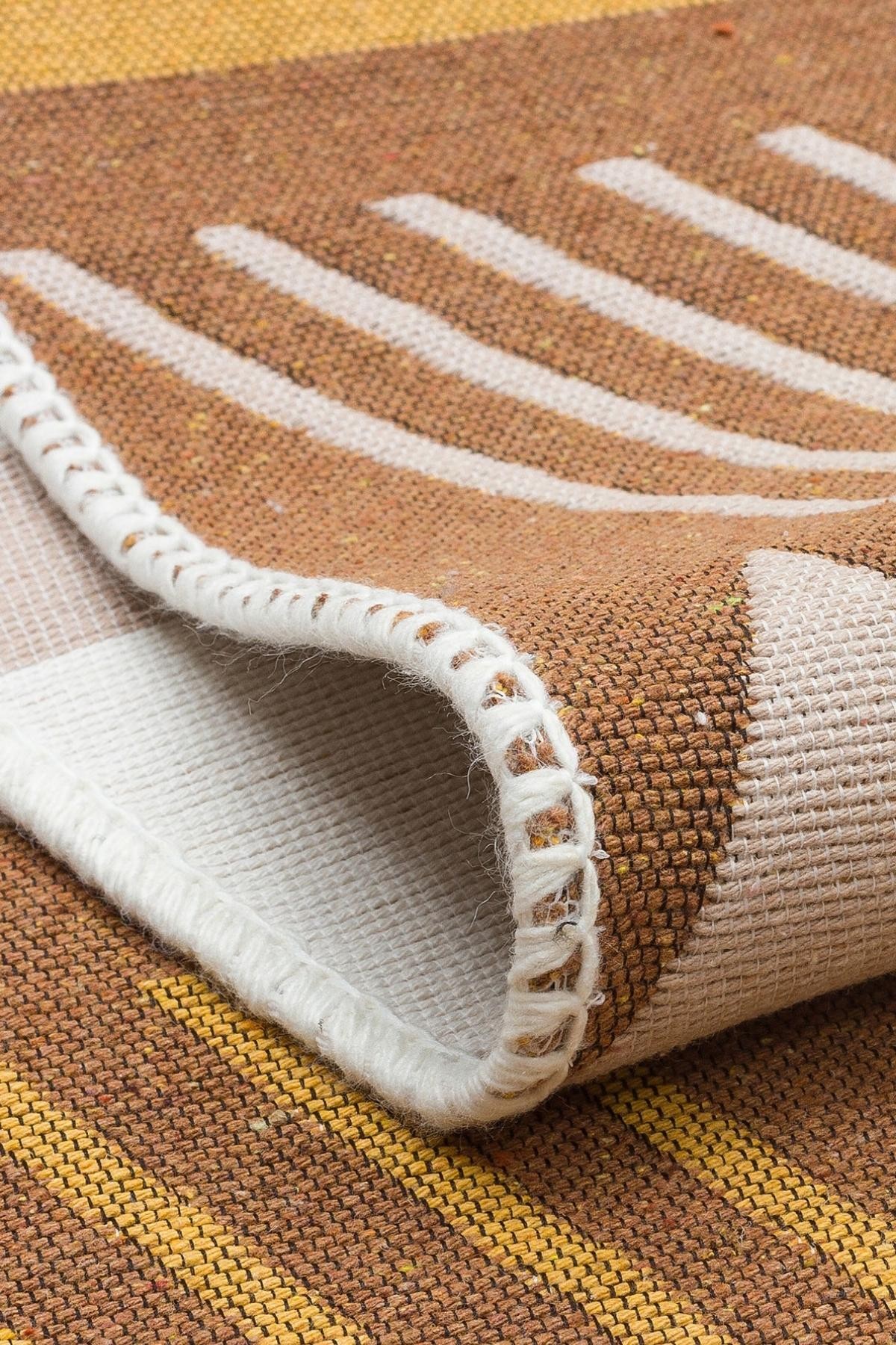 Yıkanabilir Çift Taraflı Kilim İskandinav Desen Pamuk Kilim Eko Halı Modern Yolluk Koridor kilimi - Beige Yellow