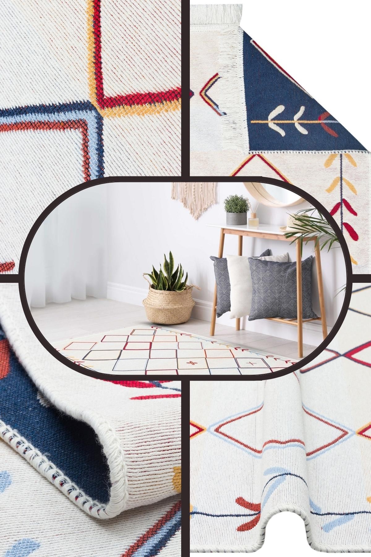 Yıkanabilir Çift Taraflı Kilim İskandinav Desen Pamuk Kilim Eko Halı Modern Yazlık Salon kilimi