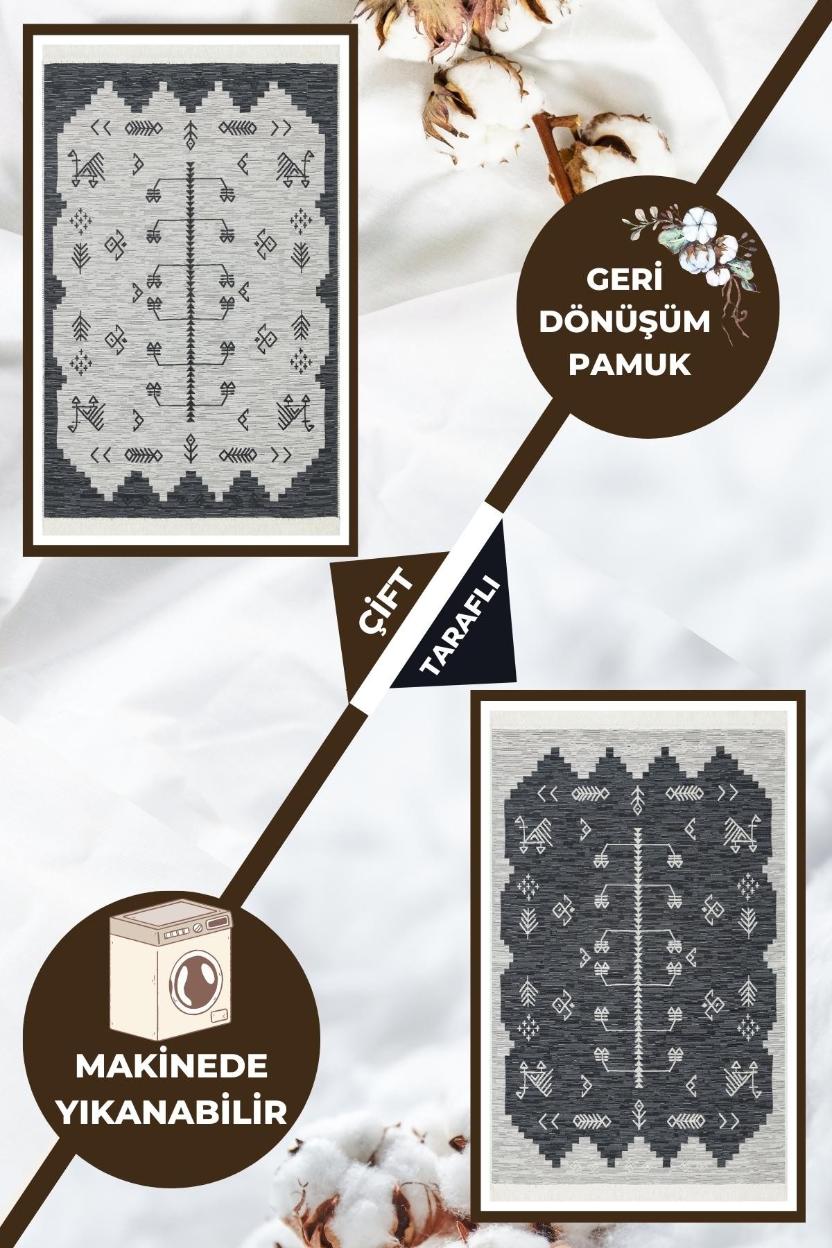 Yıkanabilir Çift Taraflı Kilim İskandinav Desen Pamuk Kilim Eko Halı Modern Yazlık Salon kilimi