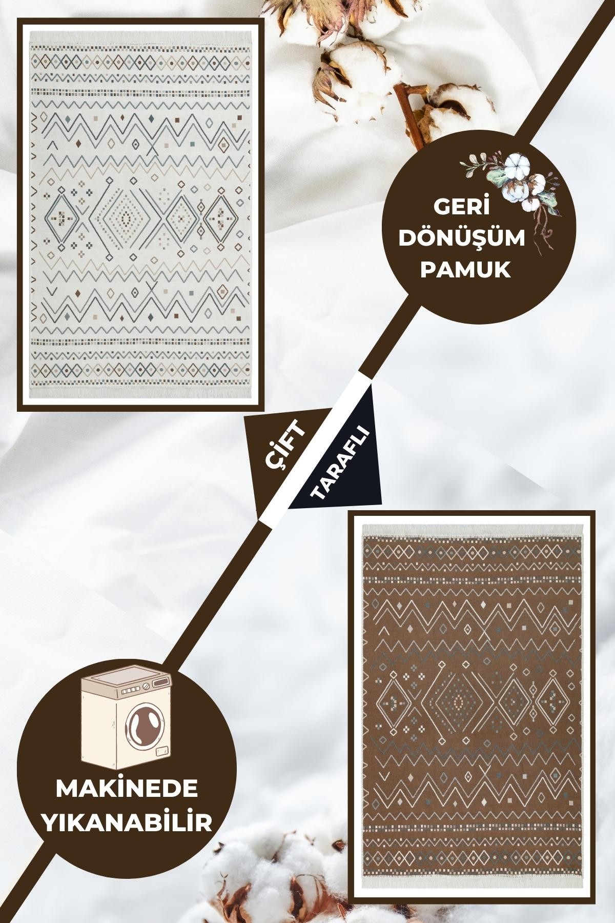 Çift Taraflı Yıkanabilir Kilim İskandinav desenli Pamuk Kilim Eko Halı Yolluk Koridor Kilimi