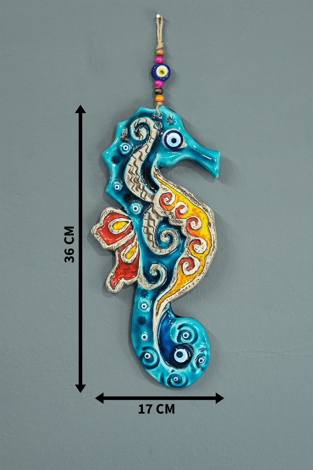 Deniz Atı El Yapımı Duvar Süsü Hediyelik Dekoratif Nazar Boncuğu Süs Ev Hediyesi Nazarlık - 17 cm x 36 cm