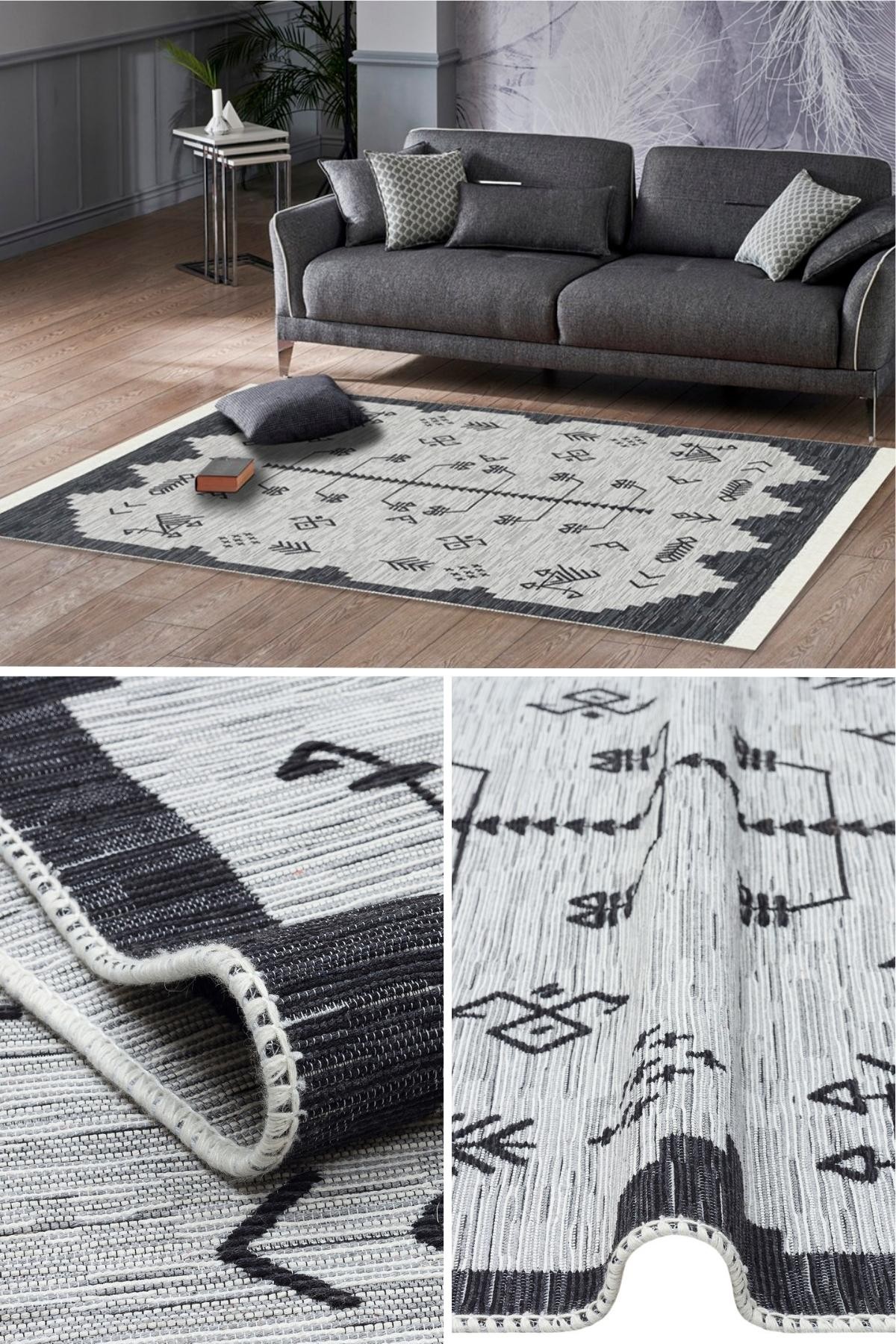 Yıkanabilir Çift Taraflı Kilim İskandinav Desen Pamuk Kilim Eko Halı Modern Yazlık Salon kilimi