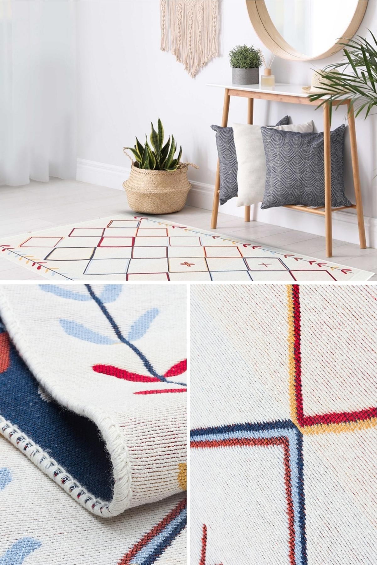 Yıkanabilir Çift Taraflı Kilim İskandinav Desen Pamuk Kilim Eko Halı Modern Yazlık Salon kilimi