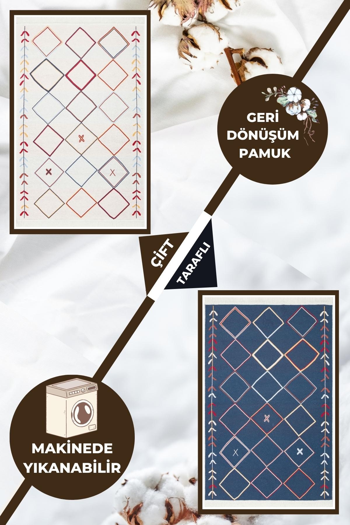 Yıkanabilir Çift Taraflı Kilim İskandinav Desen Pamuk Kilim Eko Halı Modern Yazlık Salon kilimi