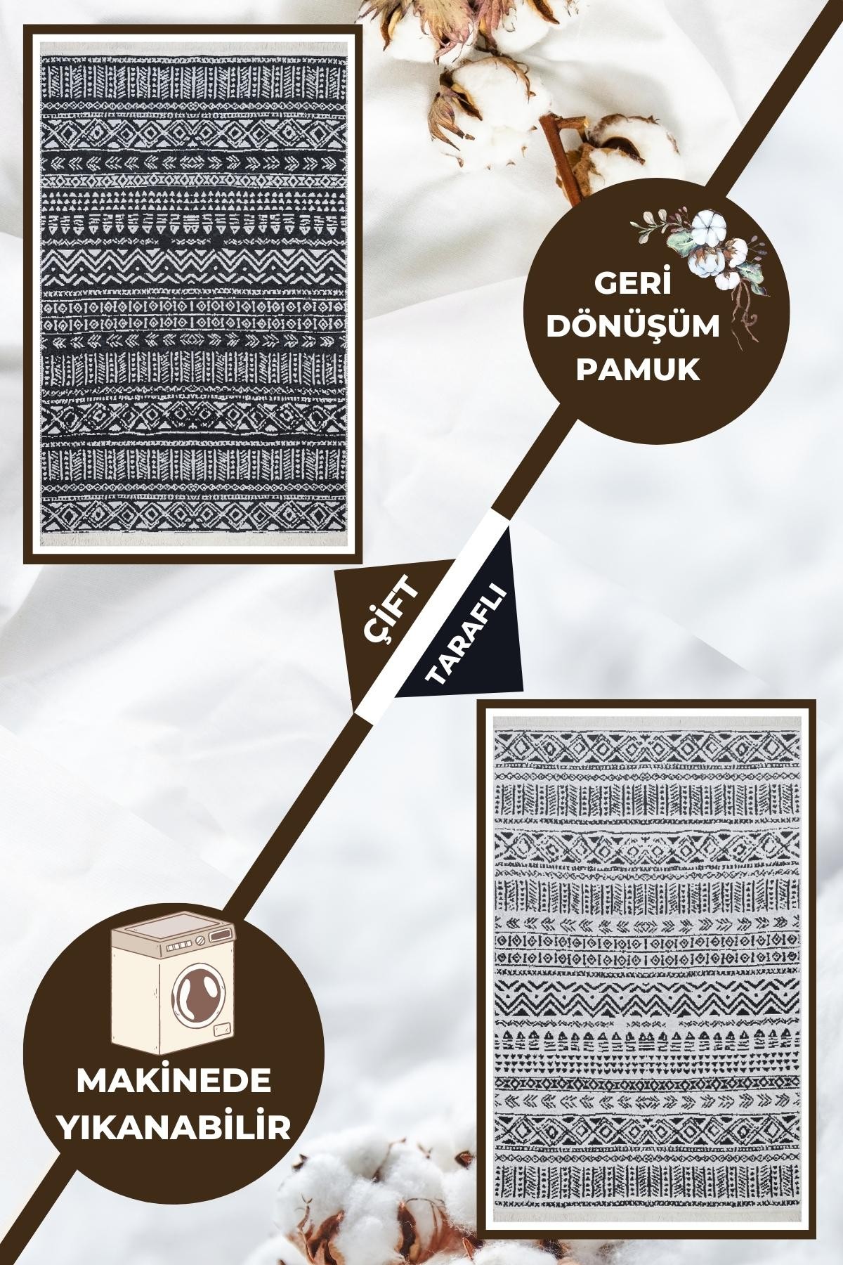 Yıkanabilir Çift Taraflı Kilim İskandinav Desenli Pamuk Kilim Eko Halı Modern Yolluk Koridor Kilimi