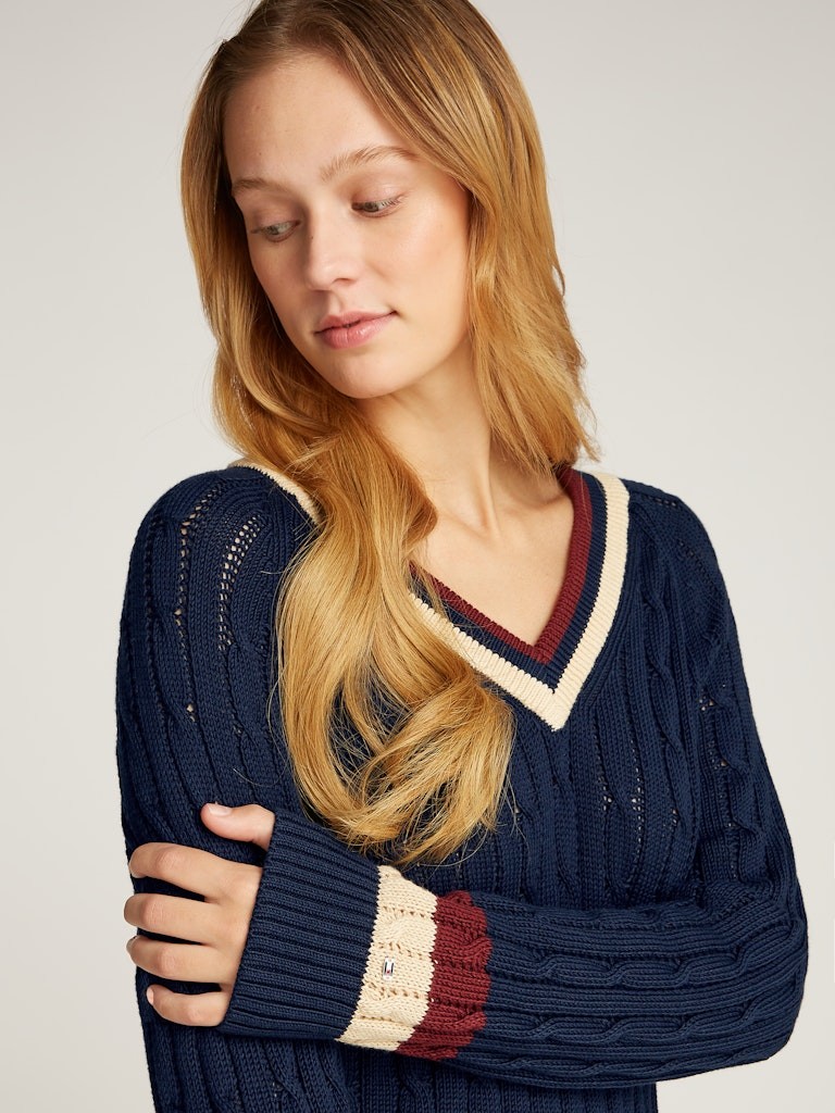 Tommy Hilfiger Pamuk Lacivert Kadın Uzun Kollu V Yaka Triko - WW0WW43972C1G