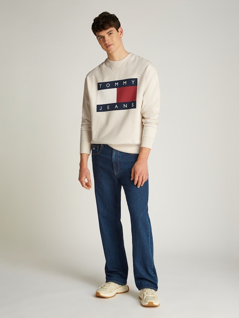 Tommy Jeans Melange Flag Crew Erkek Uzun Kollu Ekru Sweatshirt - DM0DM21186AE3