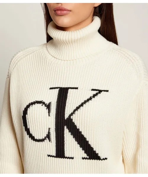 Calvin Klein Kadın %100 Pamuk Loose Balıkçı Yaka Bej Kazak