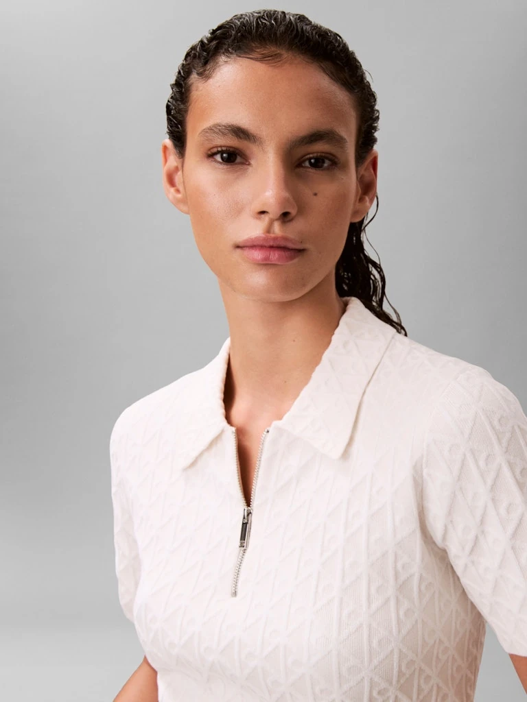 Calvin Klein Kadın Beyaz Viskon Yarım Fermuarlı Kısa Kolu Triko