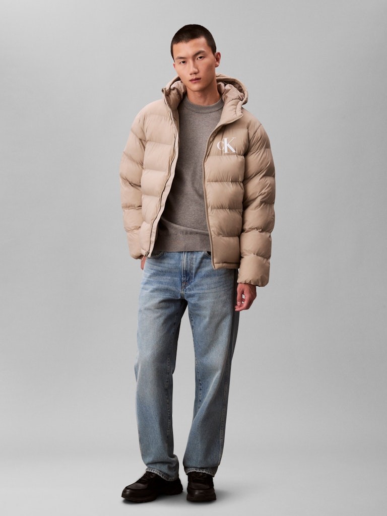 Calvin Klein Erkek Vizon Puffer Kapşonlu Mont