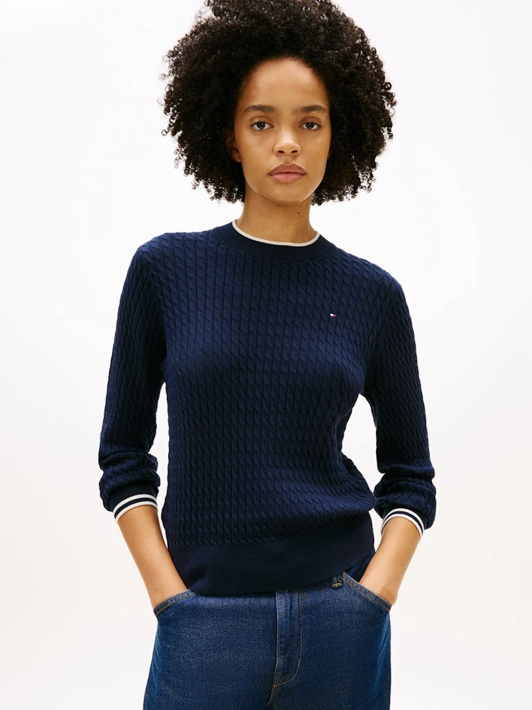 Tommy Hilfiger Kadın Lacivert Organik Pamuk O Yaka Triko