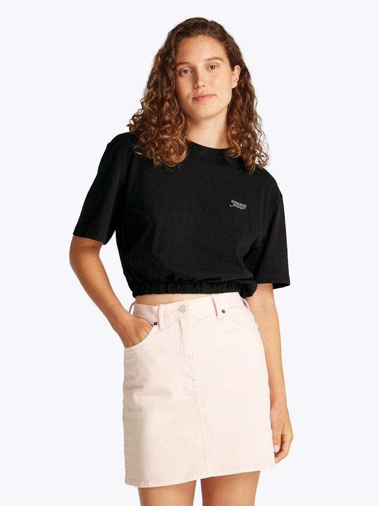 Tommy Hilfiger Rejeneratif Pamuk Siyah Kadın Kısa Kollu Crop T-Shirt