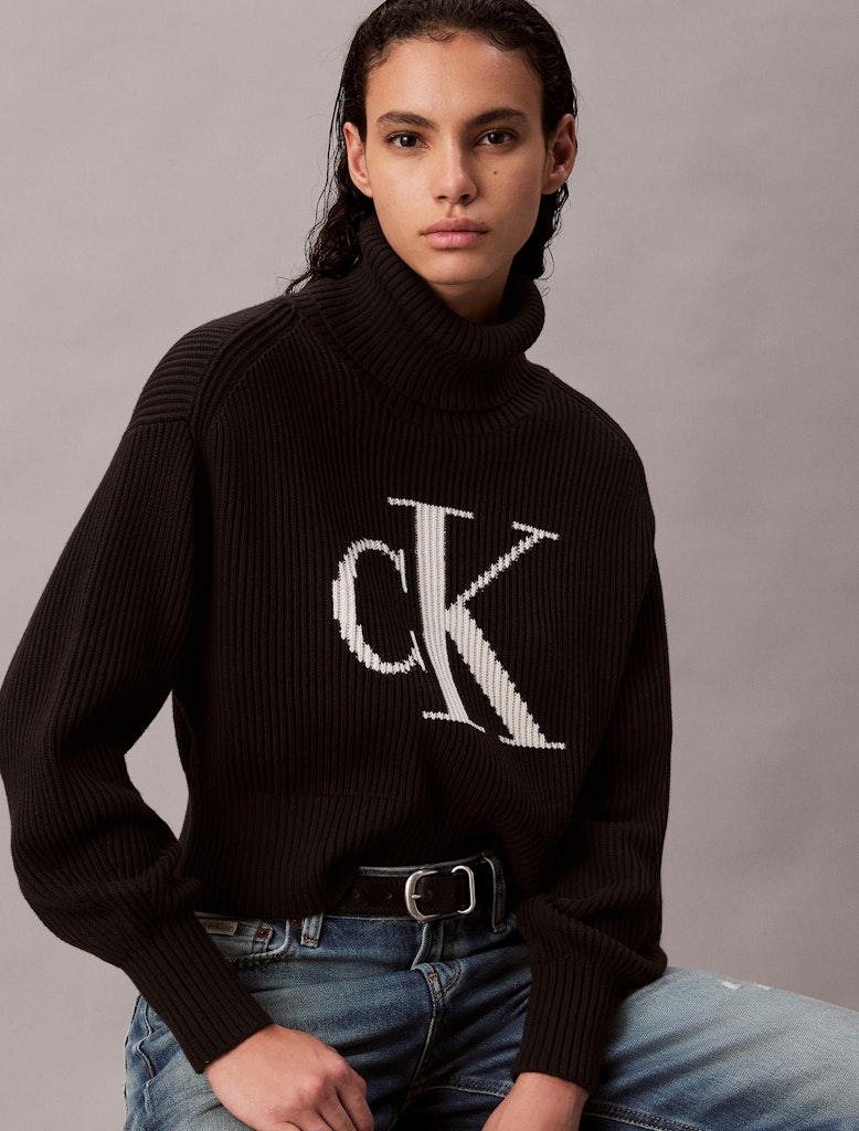 Calvin Klein Kadın Boğazlı Logolu Siyah Triko