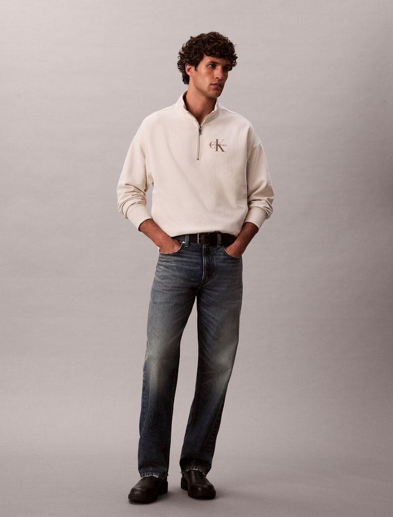 Calvin Klein Erkek Bej Pamuk Yarım Fermuarlı Sweatshirt