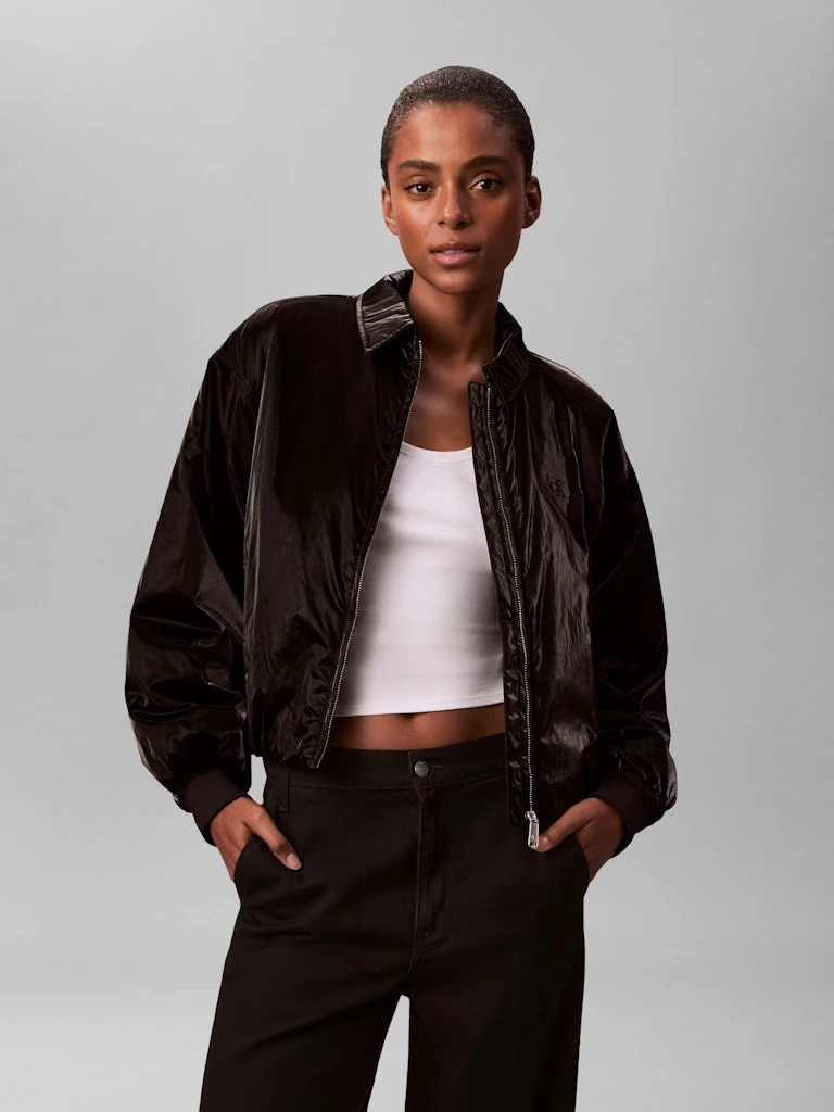 Calvin Klein Kadın Siyah Bomber Parlak Mont