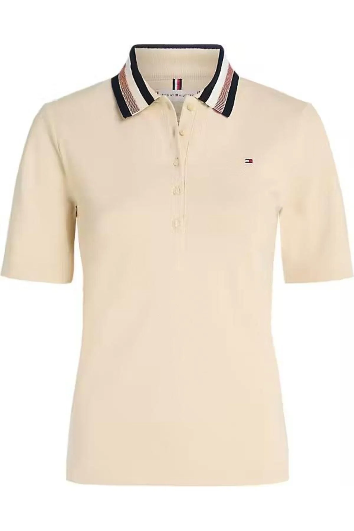 Tommy Hilfiger Kadın Polo Yaka Bej T-shirt
