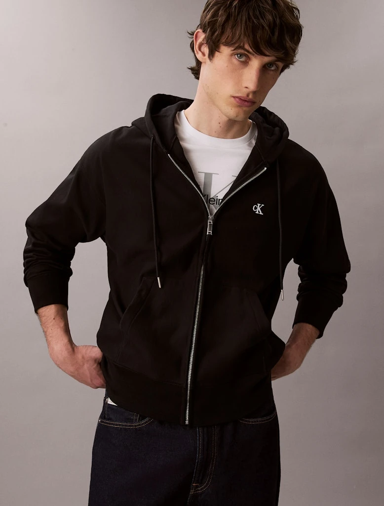 Calvin Klein Erkek Siyah Pamuklu Tam Fermuarlı Kapşonlu Sweatshirt