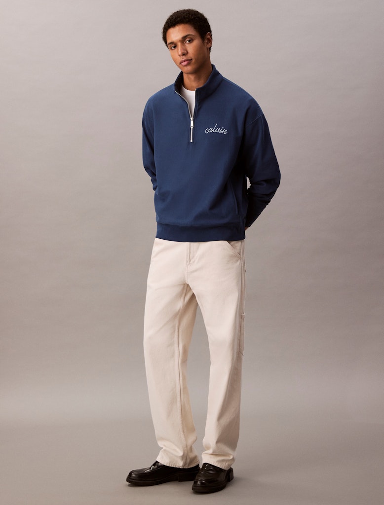 Calvin Klein Erkek Yarım Fermuarlı Logolu Mavi Sweatshirt