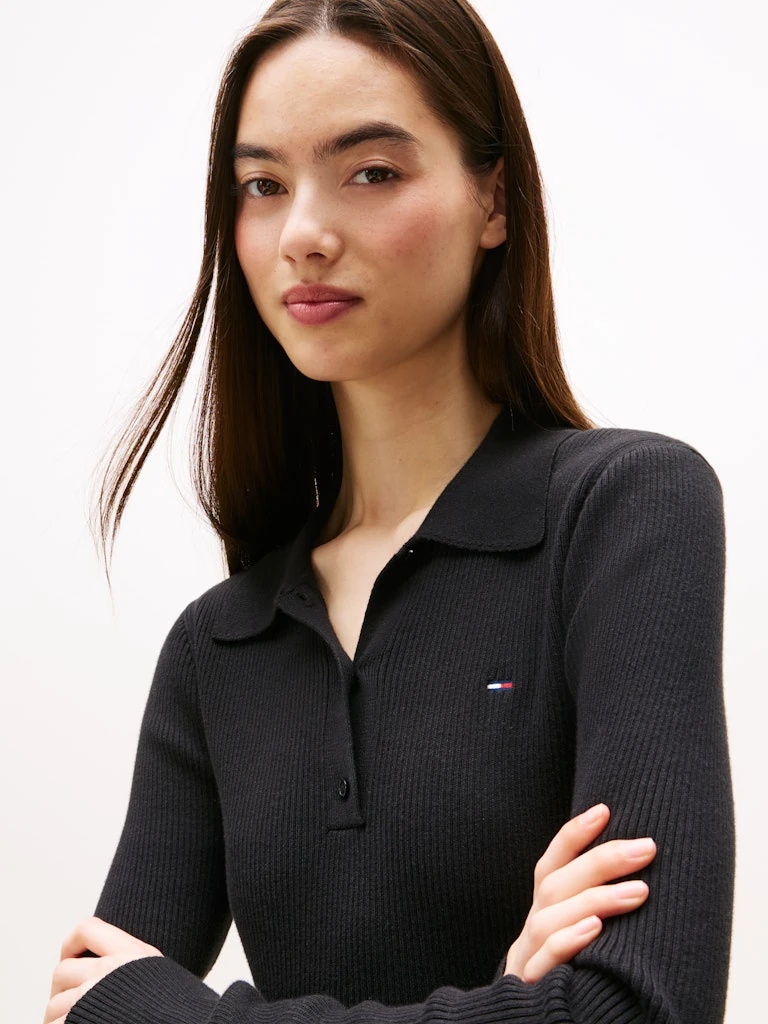 Tommy Hilfiger Kadın Polo Yaka Siyah Triko
