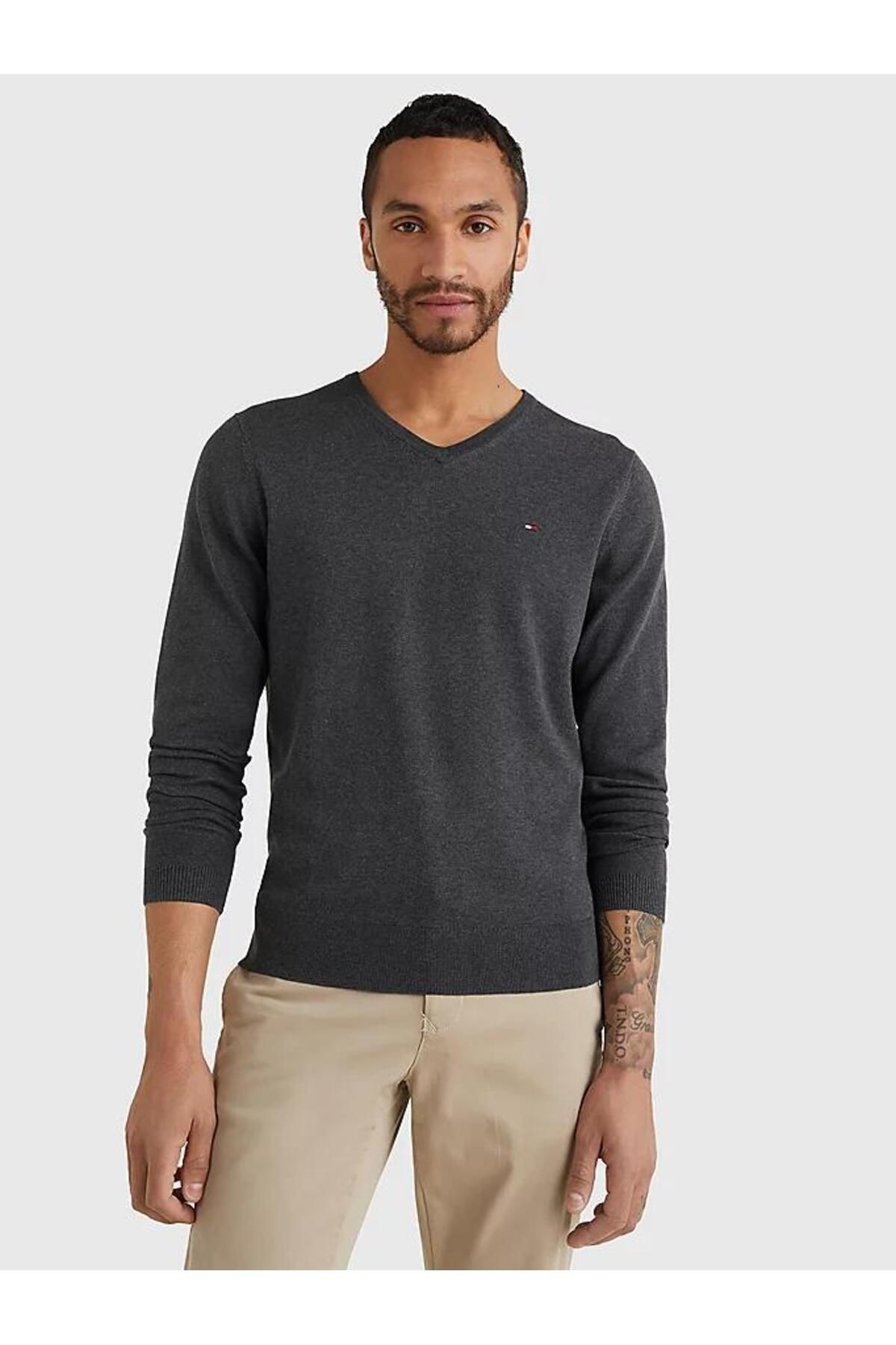 Tommy Hilfiger Pamuk Gri Erkek Uzun Kollu V Yaka Triko