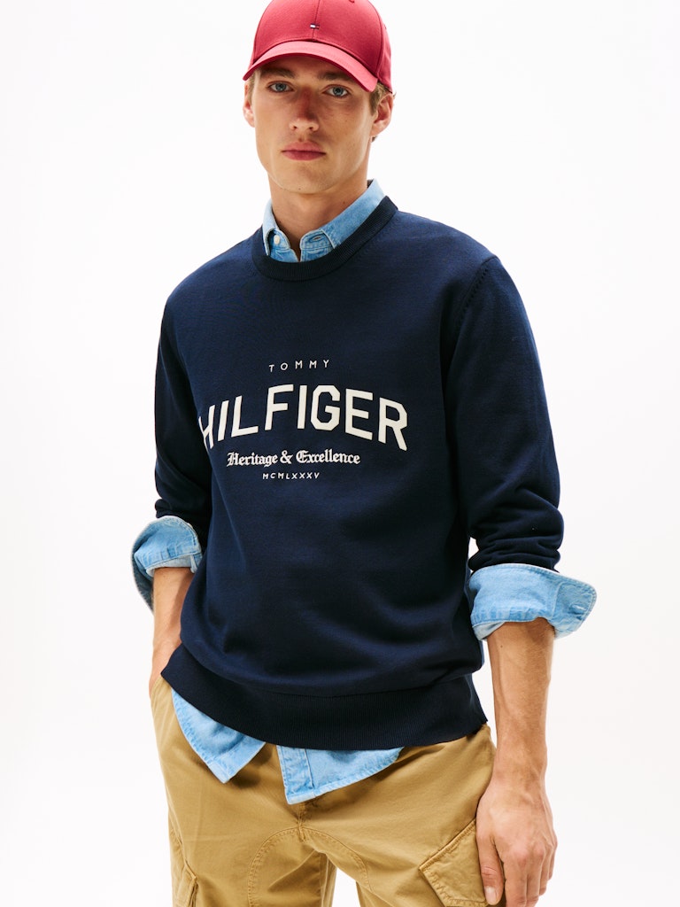 Tommy Hilfiger Erkek O Yaka Logolu Lacivert Triko