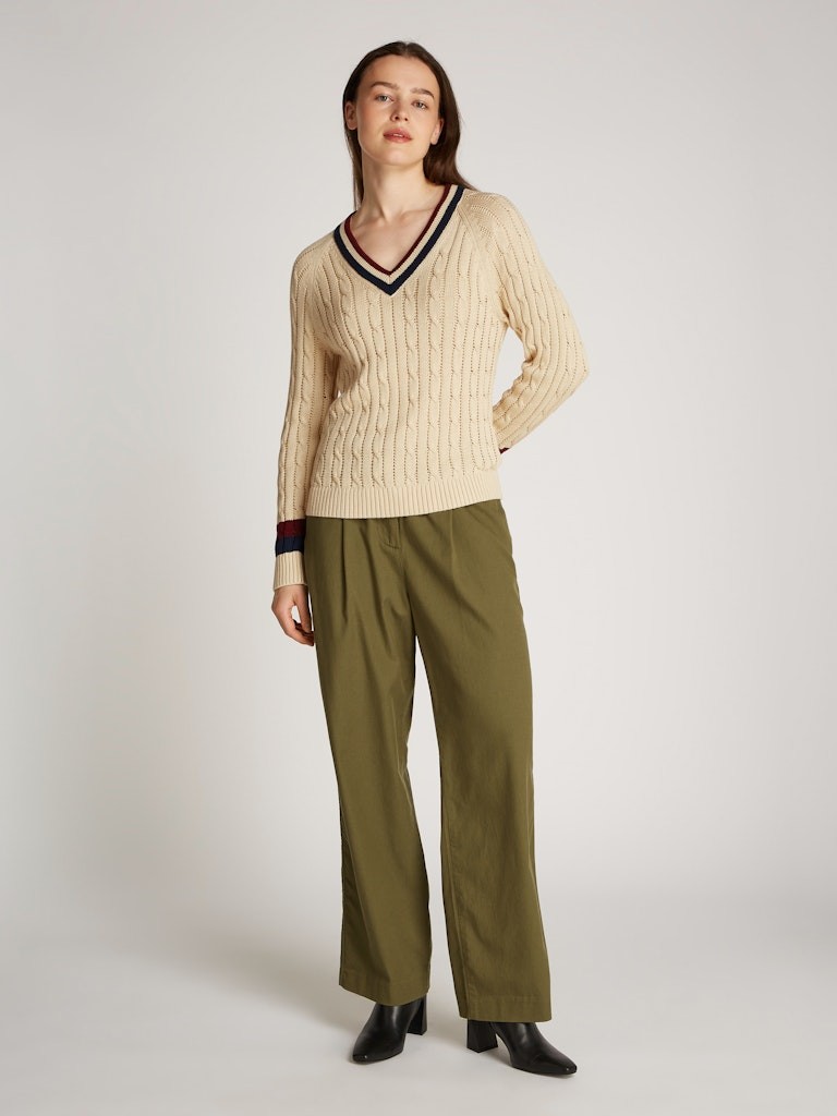 Tommy Hilfiger Pamuk Bej Kadın Uzun Kollu V Yaka Triko - WW0WW43972AEX