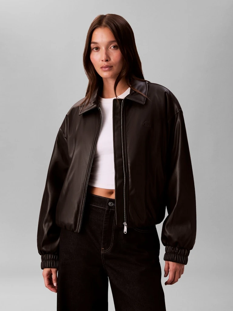 Calvin Klein Kadın Siyah Suni Deri Bomber Mont