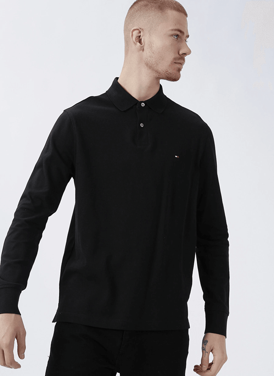 Tommy Hilfiger Erkek Siyah Düğmeli Uzun Kollu Polo Yaka T Shirt - MW0MW20183BDS