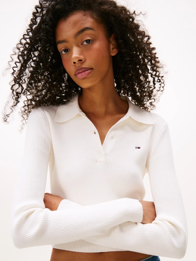 Tommy Hilfiger Kadın Polo Yaka Ekru Triko