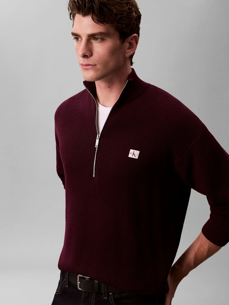 Calvin Klein Erkek Mor Pamuk Yarım Fermuarlı Triko