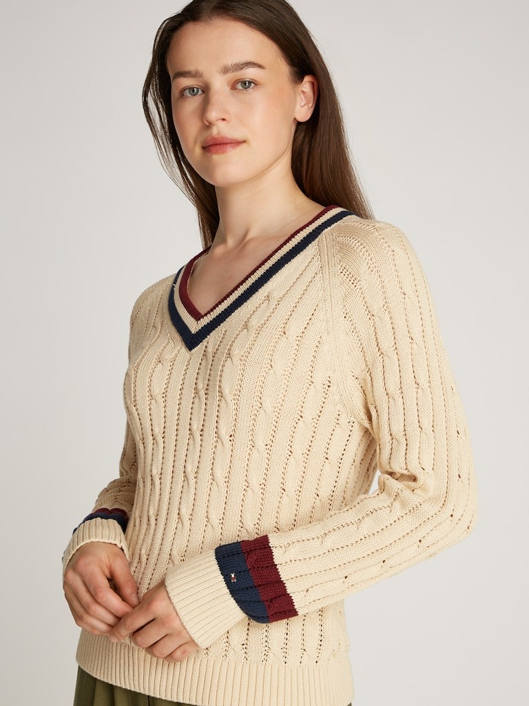 Tommy Hilfiger Pamuk Bej Kadın Uzun Kollu V Yaka Triko - WW0WW43972AEX