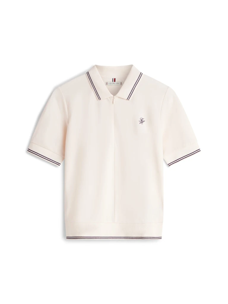 Tommy Hilfiger Kadın Bej Kısa Kollu Fermuarlı Polo Yaka T-Shirt