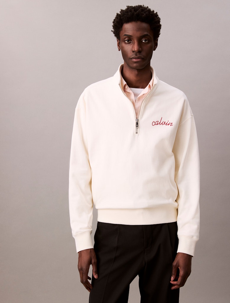 Calvin Klein Erkek Yarım Fermuarlı Logolu Beyaz Sweatshirt
