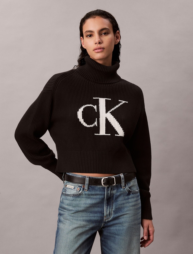 Calvin Klein Kadın Boğazlı Logolu Siyah Triko