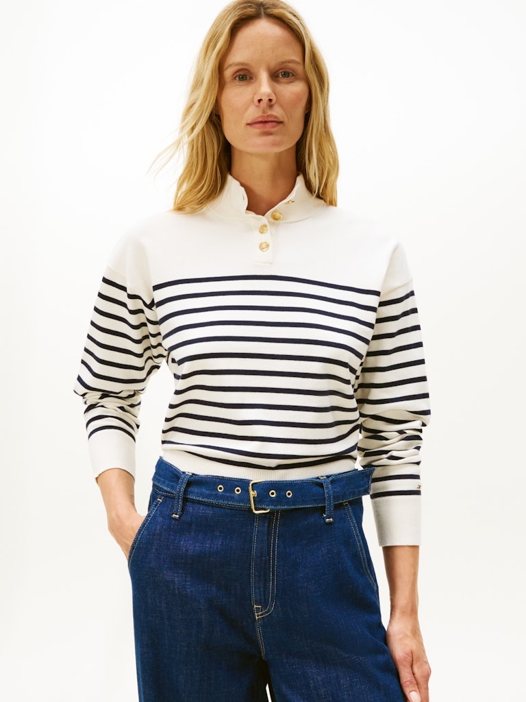 Tommy Hilfiger Kadın Lacivert Yarım Boğazlı Düğmeli Triko