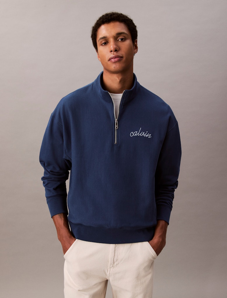 Calvin Klein Erkek Yarım Fermuarlı Logolu Mavi Sweatshirt