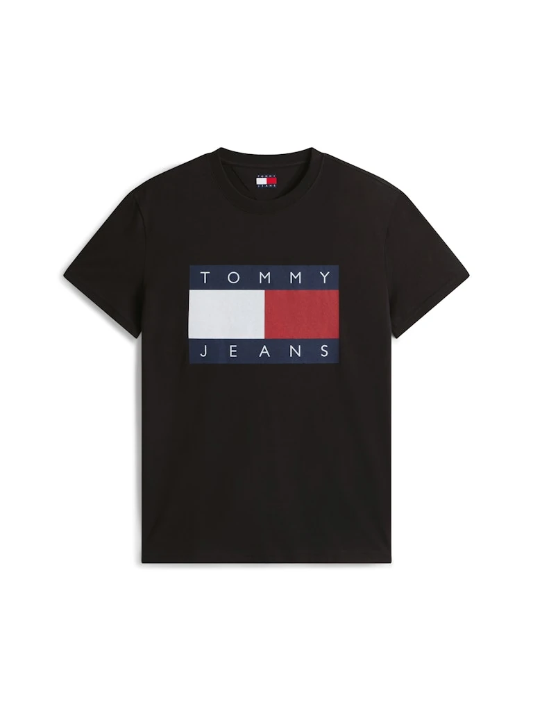 Tommy Hilfiger Erkek Siyah Pamuk O Yaka Bayraklı T-Shirt