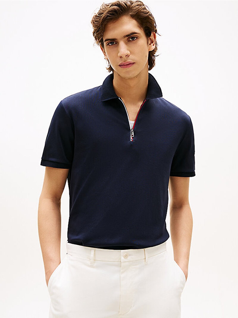 Tommy Hilfiger Erkek İnterlock Zip Regular Polo Mavi T-shirt