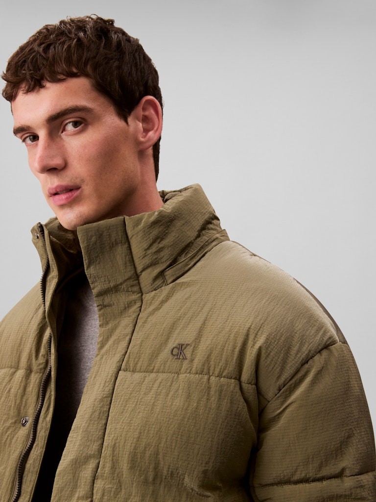 Calvin Klein Erkek Haki  Puffer Kapşonlu Mont