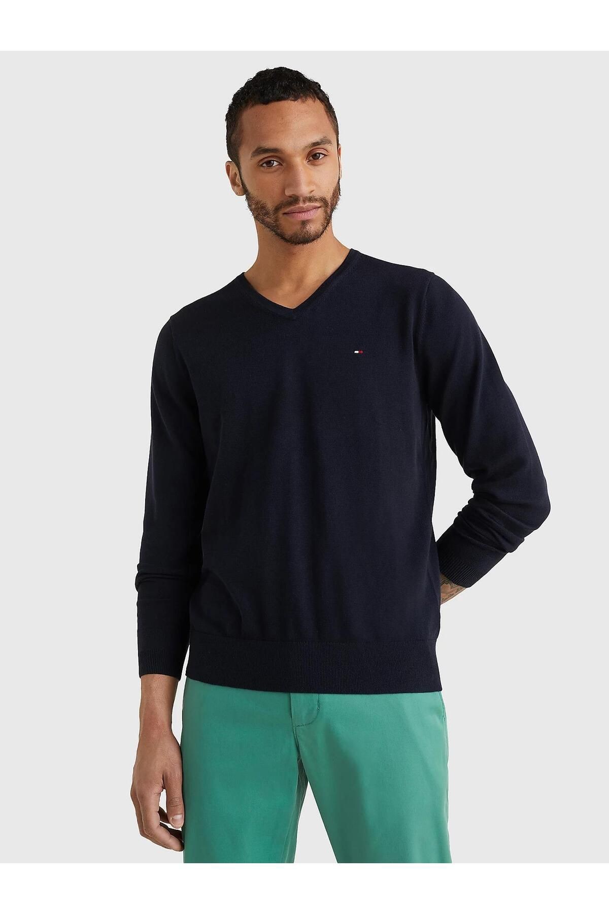 Tommy Hilfiger Pamuk LACİVERT Erkek Uzun Kollu V Yaka Triko