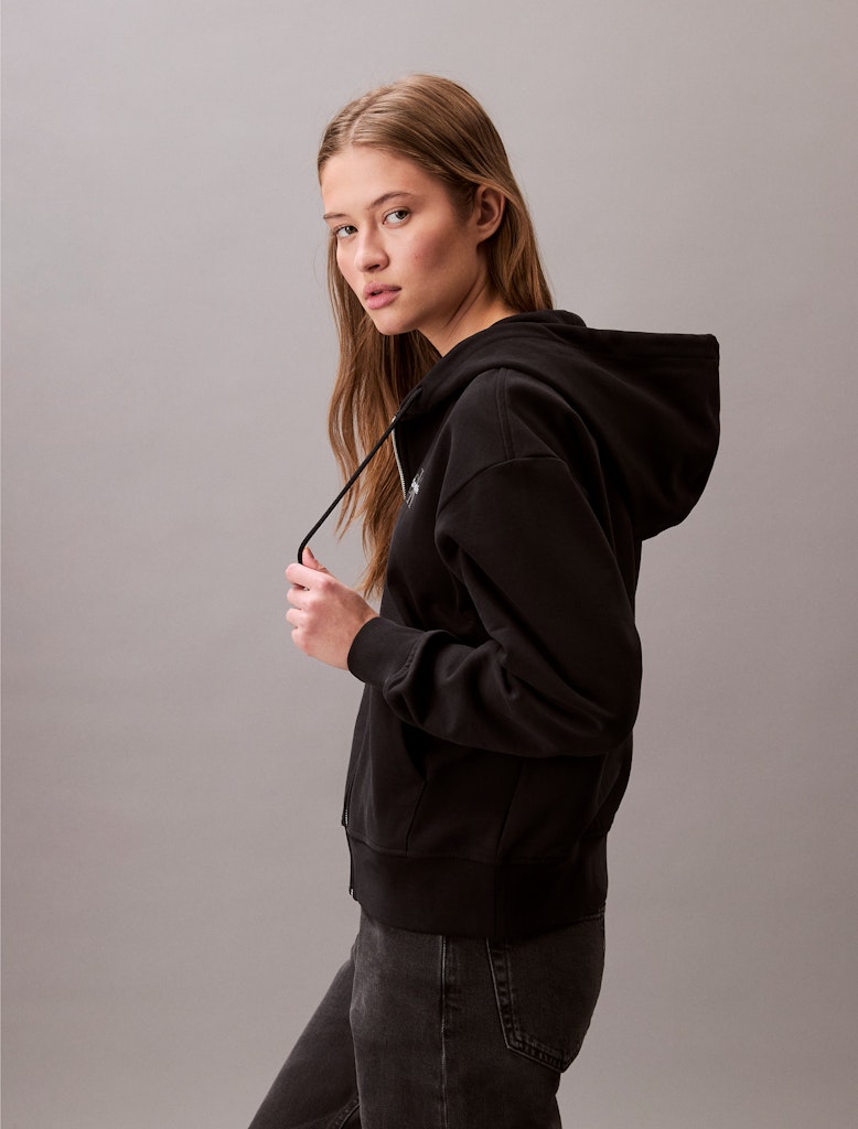 Calvin Klein Kadın Siyah  Tam Fermuarlı Kapşonlu Sweatshirt