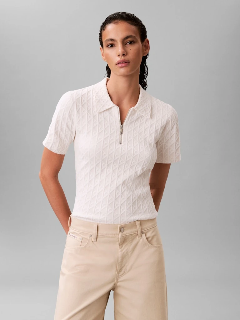 Calvin Klein Kadın Beyaz Viskon Yarım Fermuarlı Kısa Kolu Triko