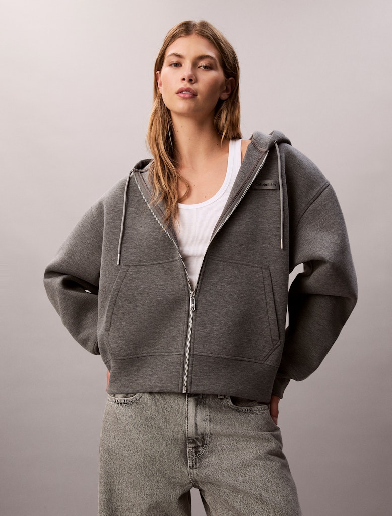 Calvin Klein Kadın Tam Fermuarlı Kapşonlu Gri Sweatshirt