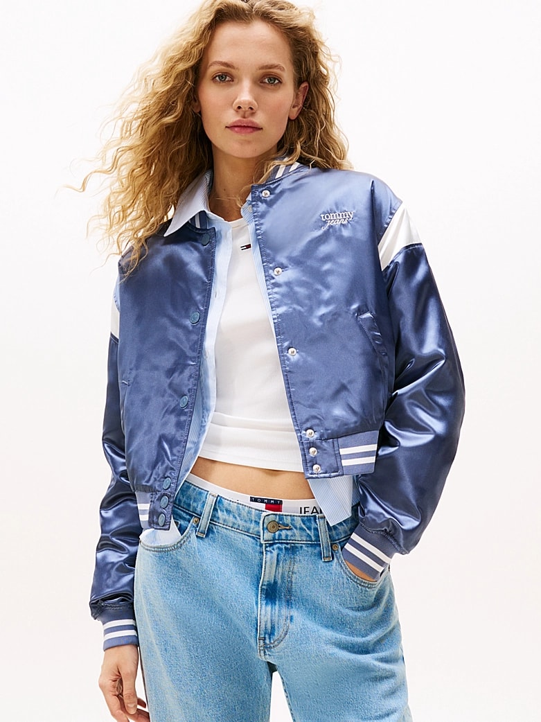 Tommy Hilfiger Kadın Su Geçirmez Saten Bomber Mavi Ceket