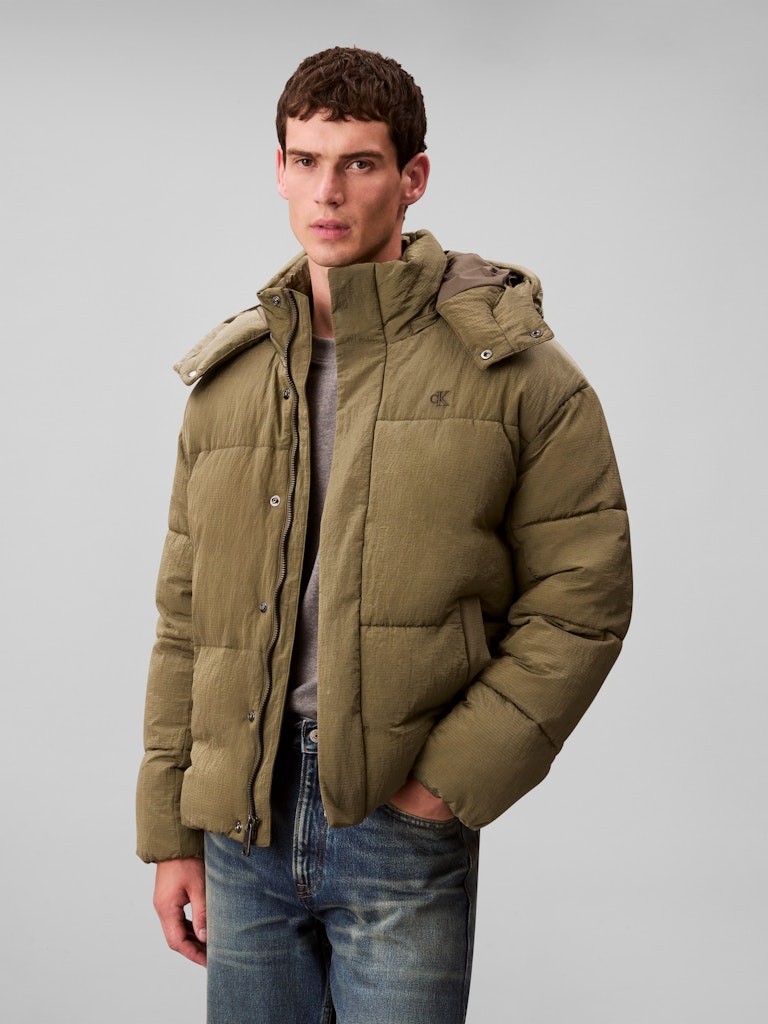 Calvin Klein Erkek Haki  Puffer Kapşonlu Mont