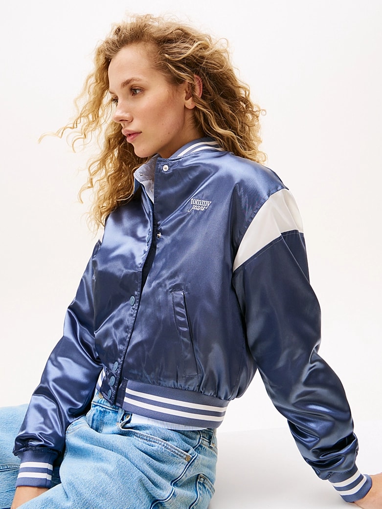Tommy Hilfiger Kadın Su Geçirmez Saten Bomber Mavi Ceket